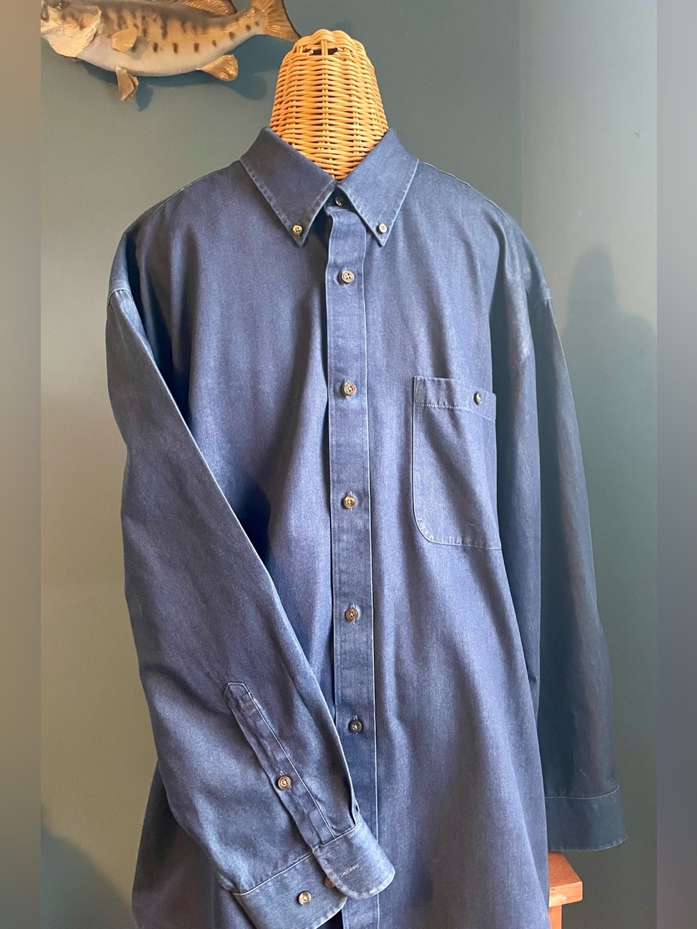 Orvis Men’s XXL Navy Blue Button Down Work Shirt Long Sleeve Heavier Cotton EUC